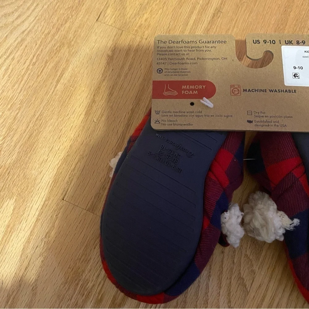 Dearfoams Lil Bear Plaid Slippers NEW Sz 9-10 Red Blue